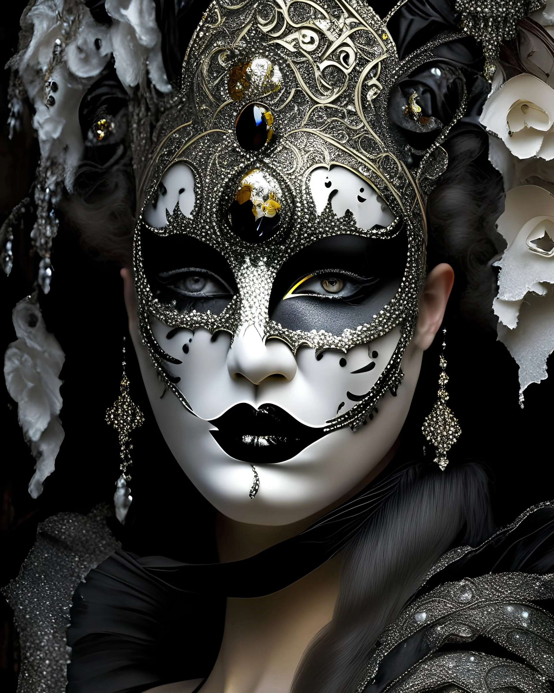 Beautiful woman portrait adorned with át nouveau palimpsest carnival of venice style costume and masque ribbed with black obsidian, black onix, light beige egg shell colour and sivwr black bioluminescense art nouveau palimpsest mineral stones and black stone masque and costume white Gloss glittering silver and irridescent chrystals and white and black makeup on art nouveau palimpsest organic bio spinal ribbed detail. Of carnival of venice bokeh background with lights extremely detailed hyperreal