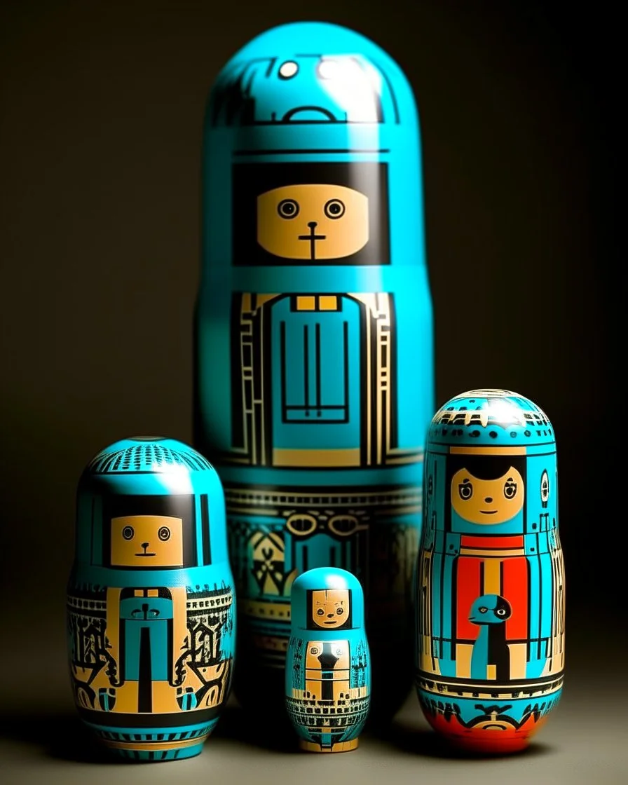 A cyan chromatic desert designed in Matryoshka dolls painted by Stuart Davis