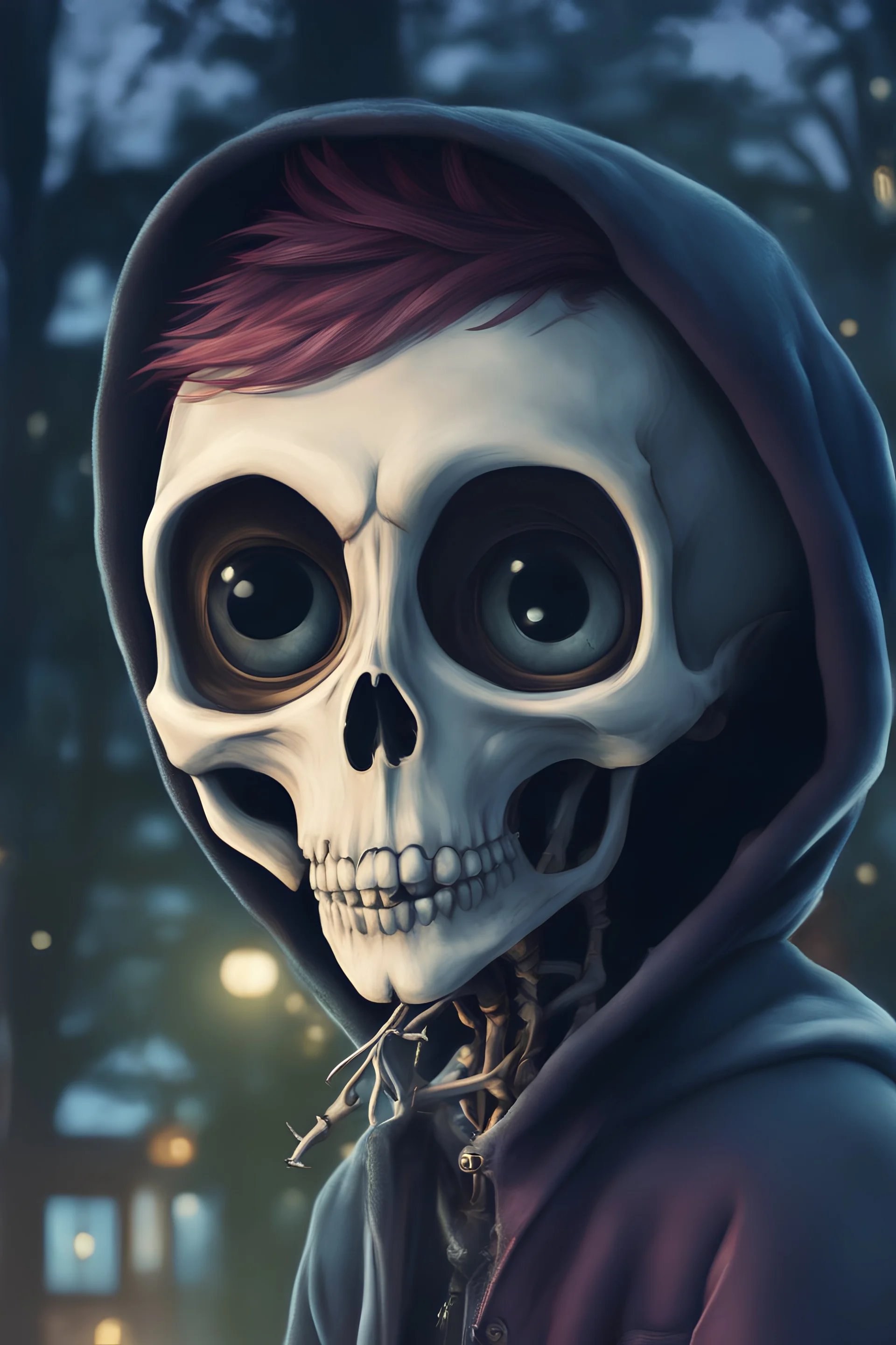 a cute animation boy, skateboarding , trendy hoody, 8 k, tim Burton skeleton style from the movie "night before Xmas", realistic animation, gothic