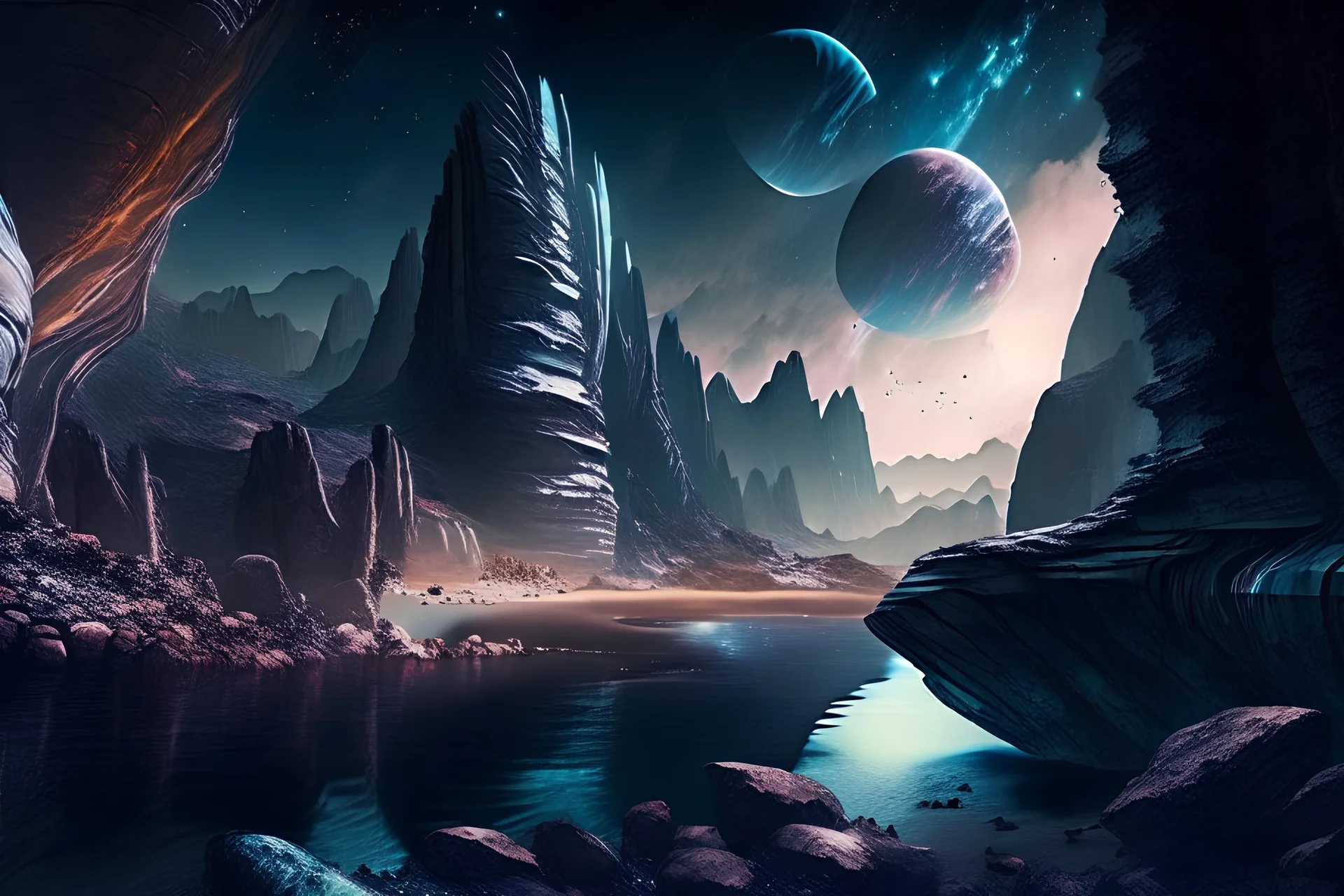Rocky alien landscape with cliff, river, galaxy, sci-fi, epic