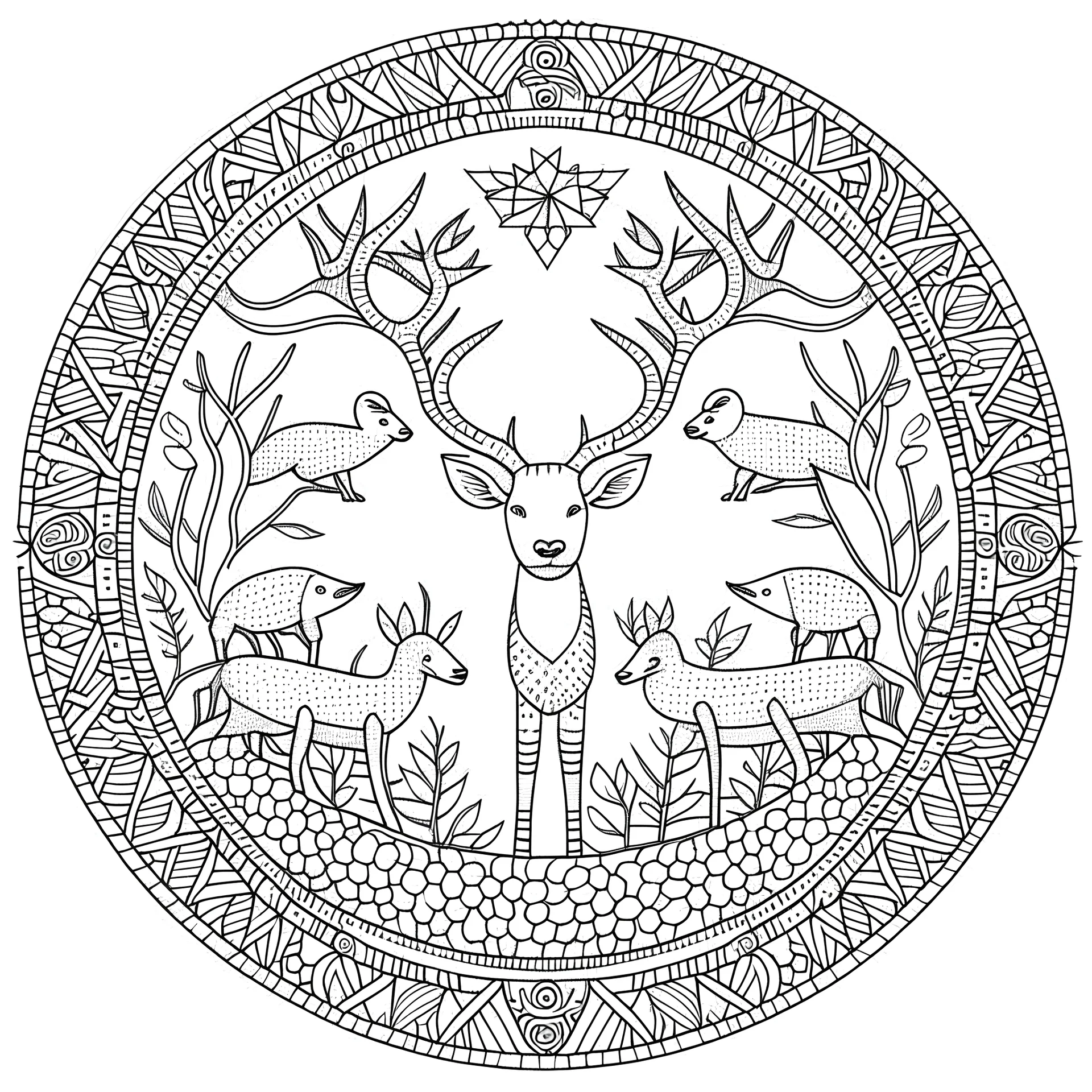 "Create a unique coloring experience with forest creature, each one animal into an imaginative, otherworldly being. This mandala coloring sheet features strange and imaginative animals, ensuring a realistic yet fantastical journey. Draw clean lines in a 3:4 aspect ratio on a white background, embracing minimalistic black lines and low-level black colors. Craft a coloring page with perfect, clear lines, avoiding repeated images, sketching, and thick black colors.