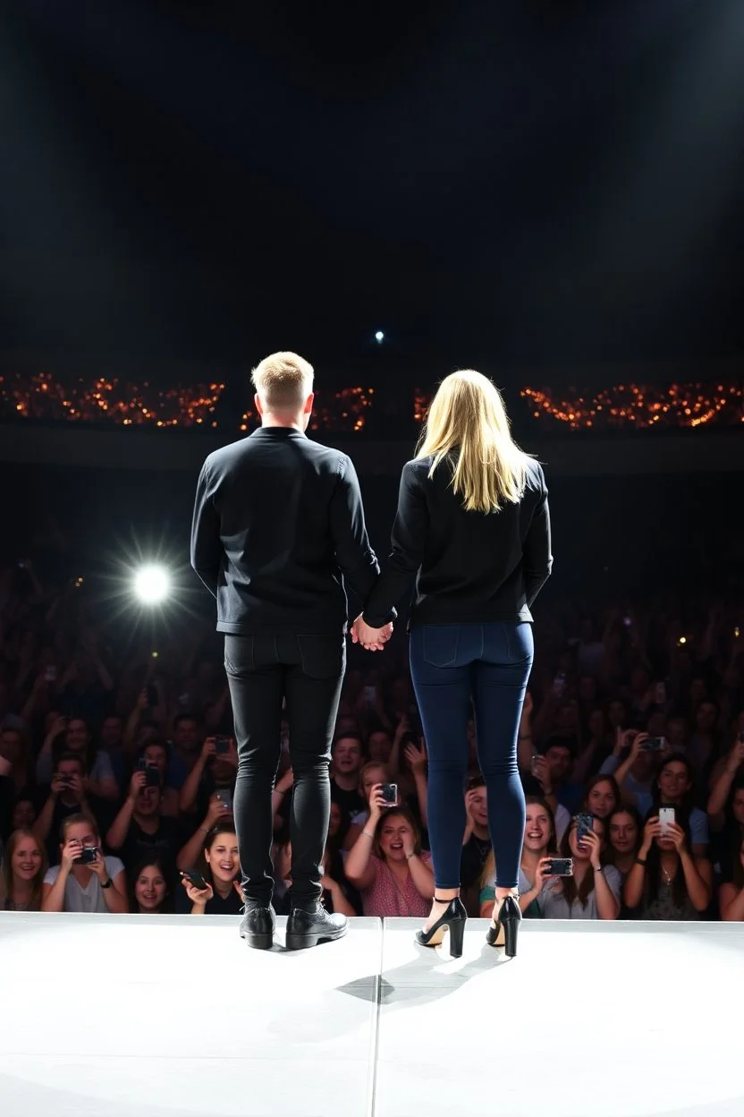 Norwegian Identical twins celebrites standing on a stage with holding their hands, a big girl crowd cheering below, lot of photographers, flashing lights