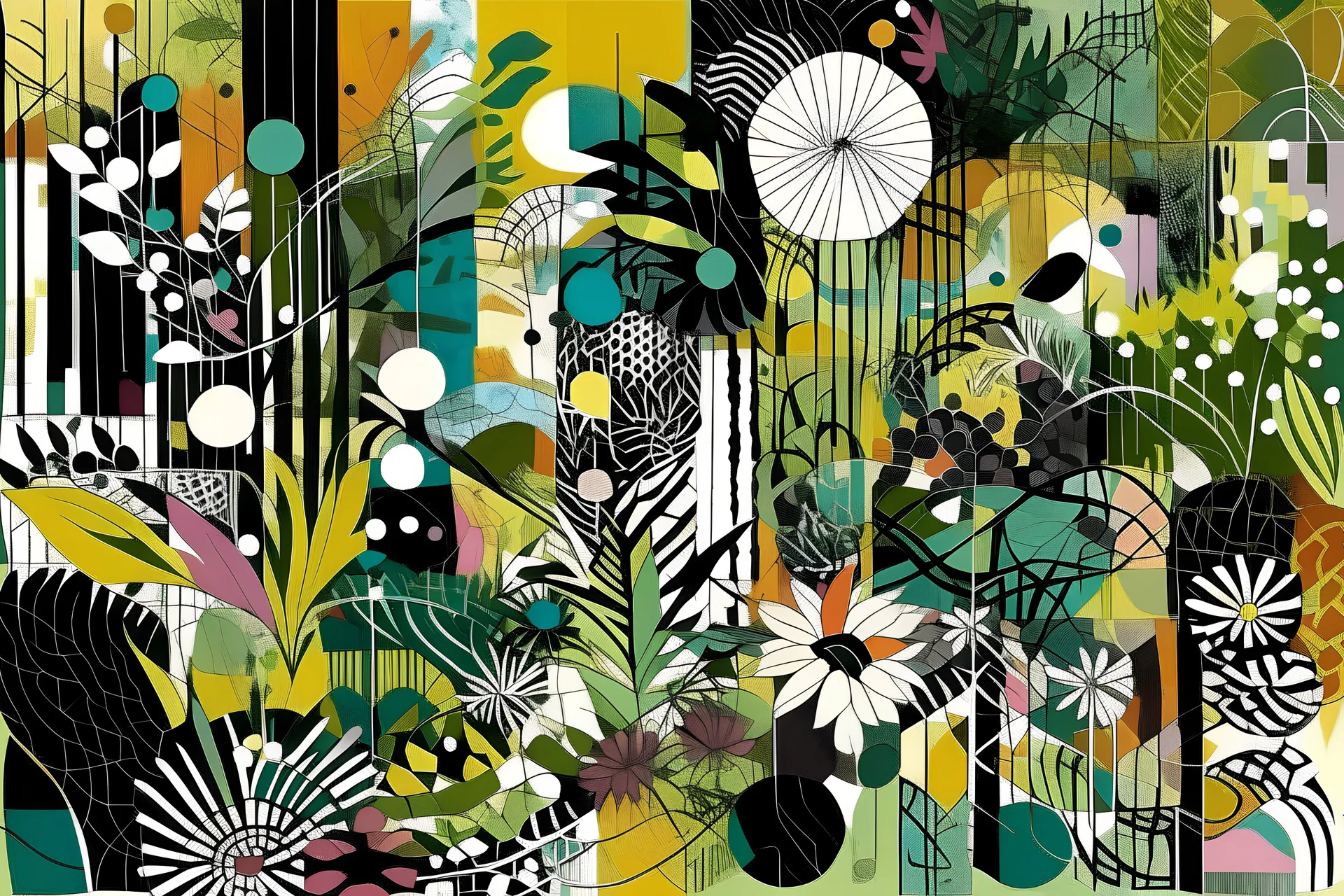 vintage comic book art of a abstract full of splatters squares lines circles and bright metallic strips wrapped with a garden full of ferns fauna flowers