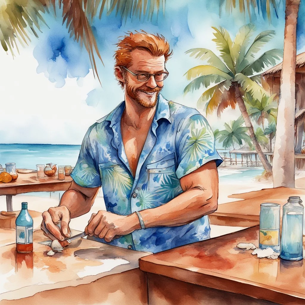 middle aged sandy-haired handsome beach-bum bartender wearing a Hawaiian shirt wiping the mahogany counter of an open-air tropical beach bar with a coconut theme, busy, white sand and coconut trees in background, azure blue water, watercolor and ink painting with loose brush strokes