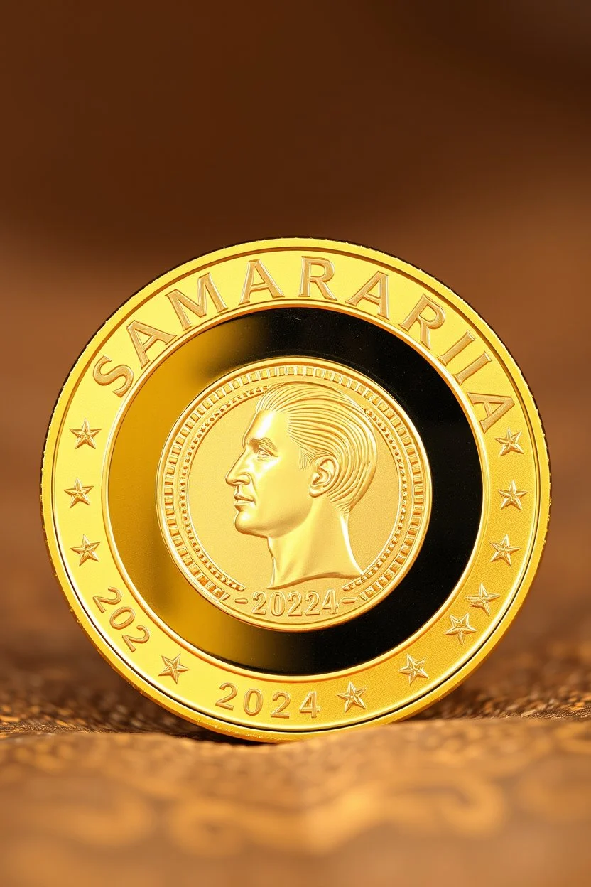 view of the word, SamarrraiAI 2024, on a golden coin ,with picture of , man head in the middle of the coin