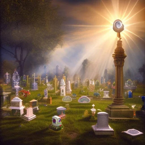 A pet cemetary , masterpiece, god lights,god rays,cianoscuro light,tilt shift,lens flare,spherical lens,fisheye 4mm focus