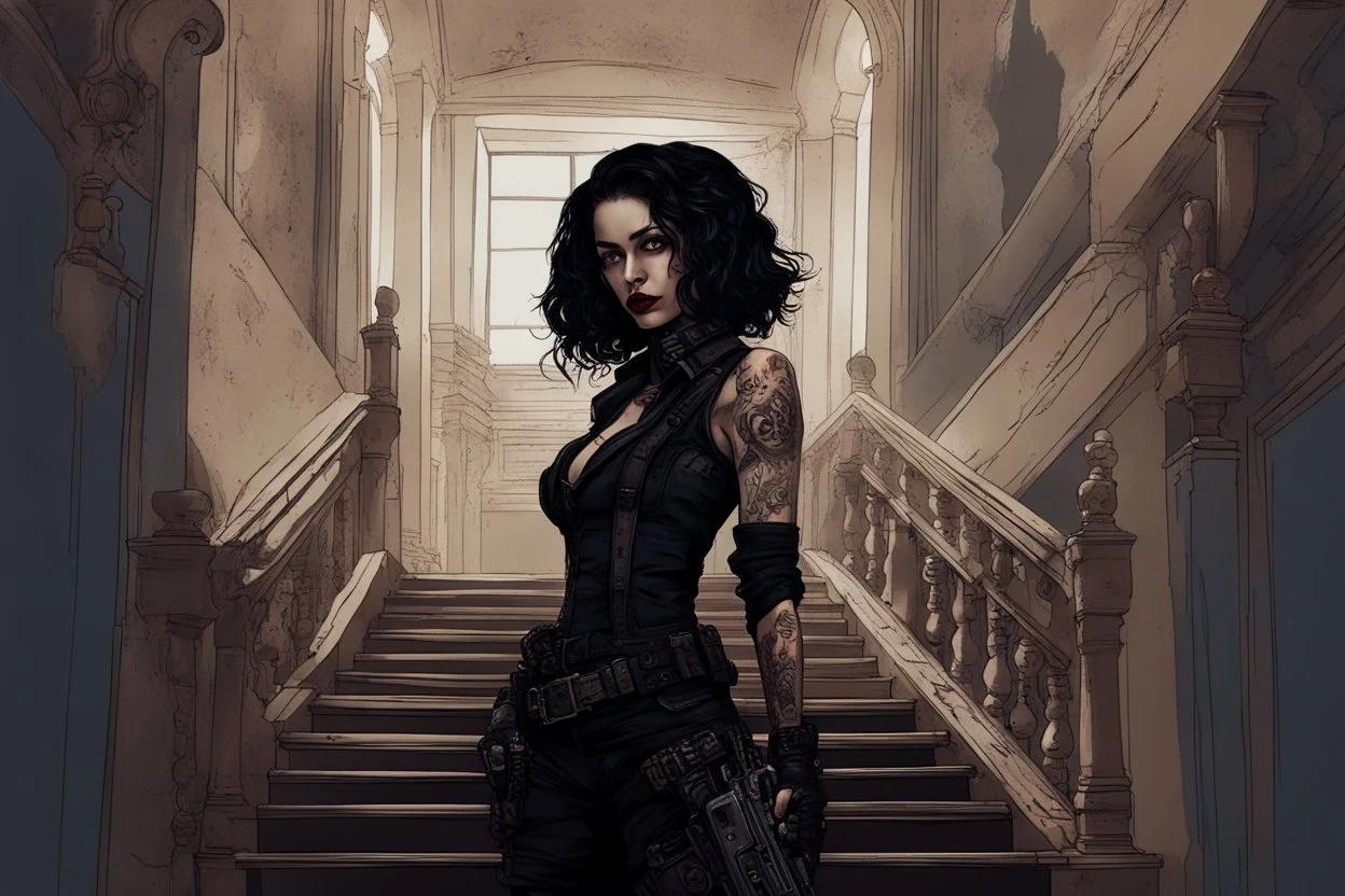 scarred cyberpunk vampire girl with tribal tattoos short curly dark cyberpunk hair descending the staircase in decaying gothic mansion with automatic pistol in hand at dawn