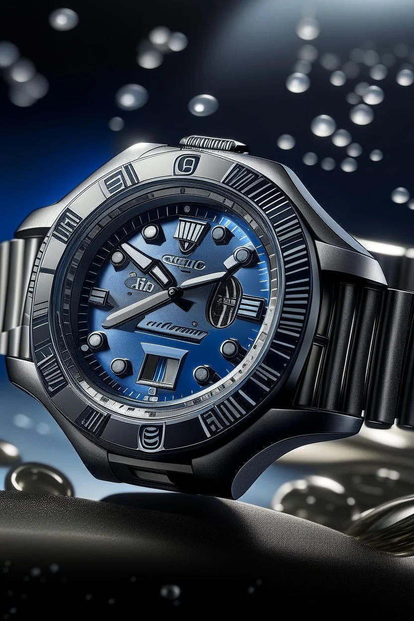 Produce a captivating image of a Cartier Diver watch on a stable.cog during a mid-journey expedition, with emphasis on the watch's water-resistant features, showcasing its ability to endure challenging environments."