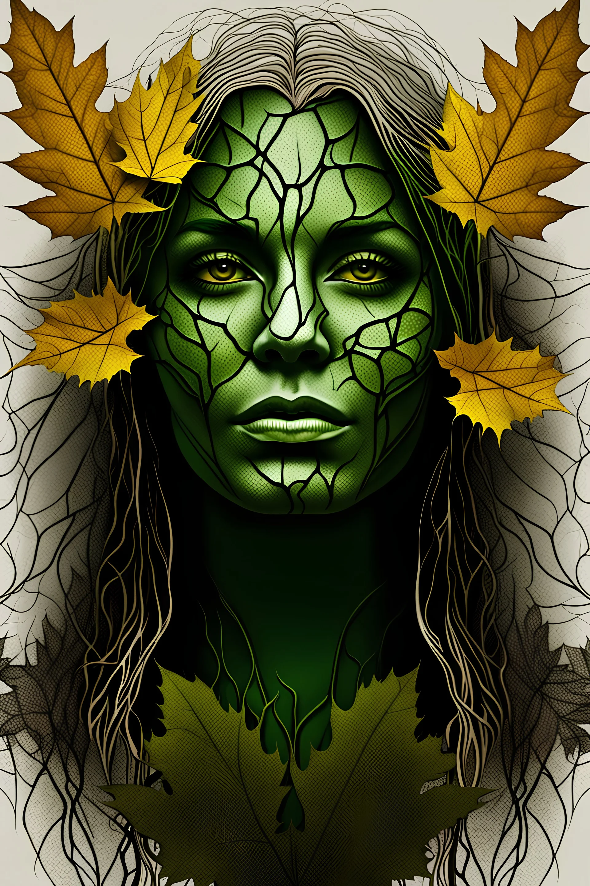 planet earth as a middle aged woman. front facing. the face has the texture of roots. leaves, cobwebs. very smooth colors, forest green and yellow. bordeaux. fog, mist