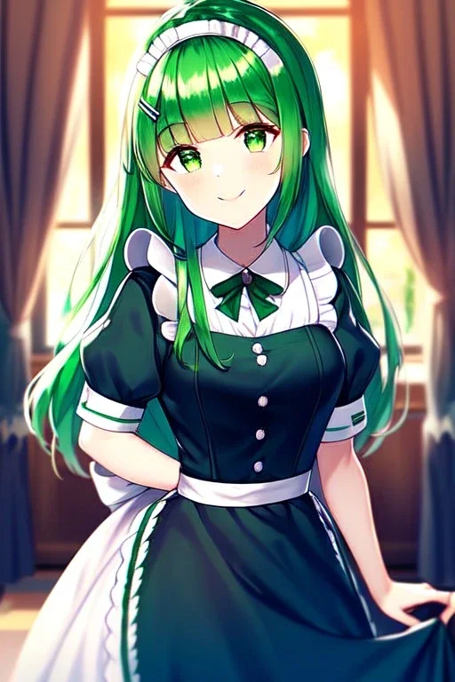 girl, masterpiece, best quality, cinematic lighting, detailed outfit, perfect eyes, green hair, long hair, green eyes, hime cut, straight short bangs, maid, indoors, smiling, hairclip,