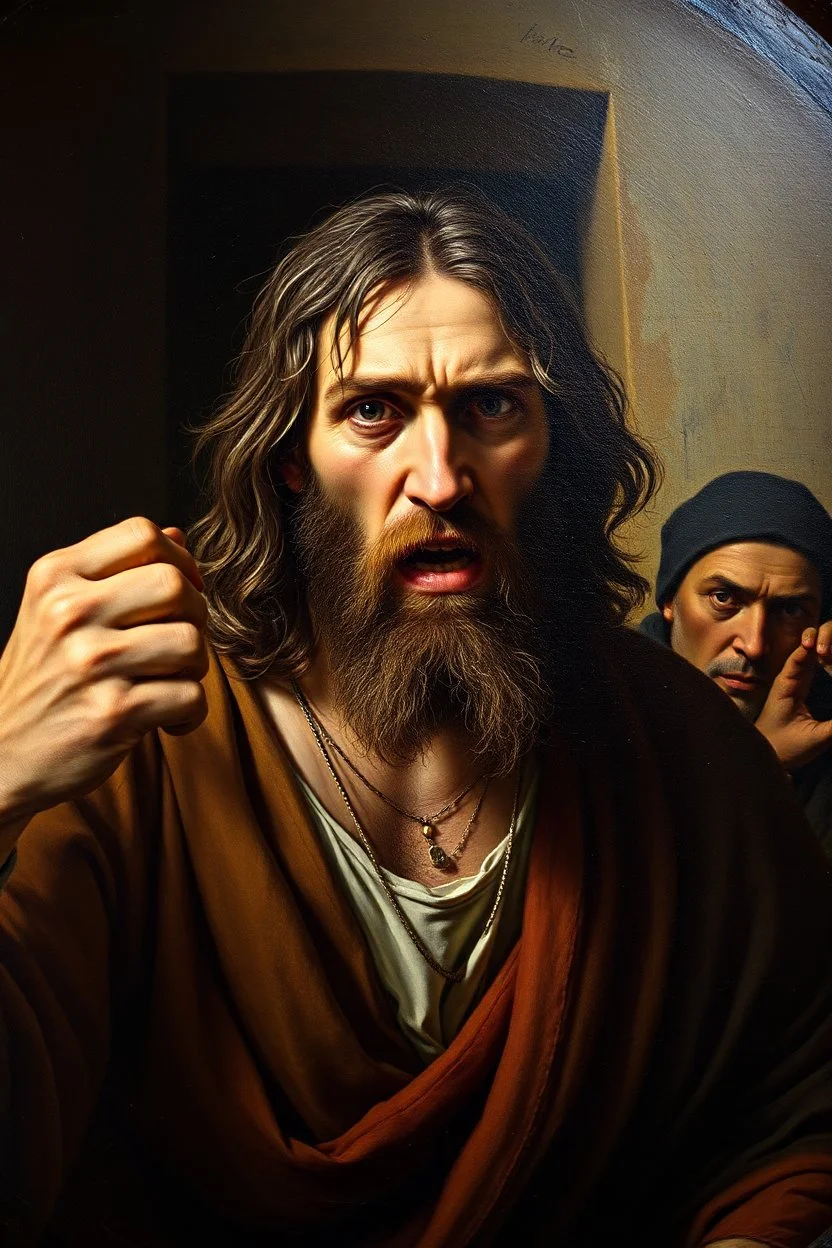 pin hole cam, master oil painting by Rembrandt, realistic rendering Portrait of the furious Jesus in the temple of thieves