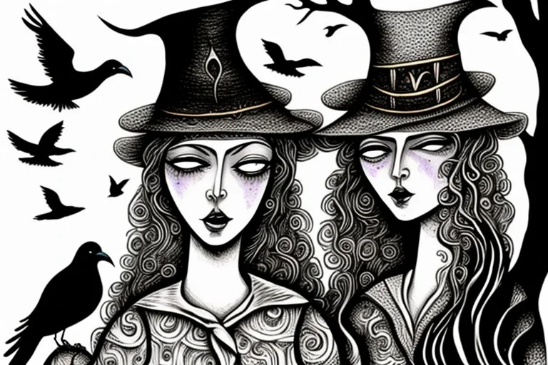 Two witches, playing with crows,, ink and pencil, style Elisabeth Kreitz