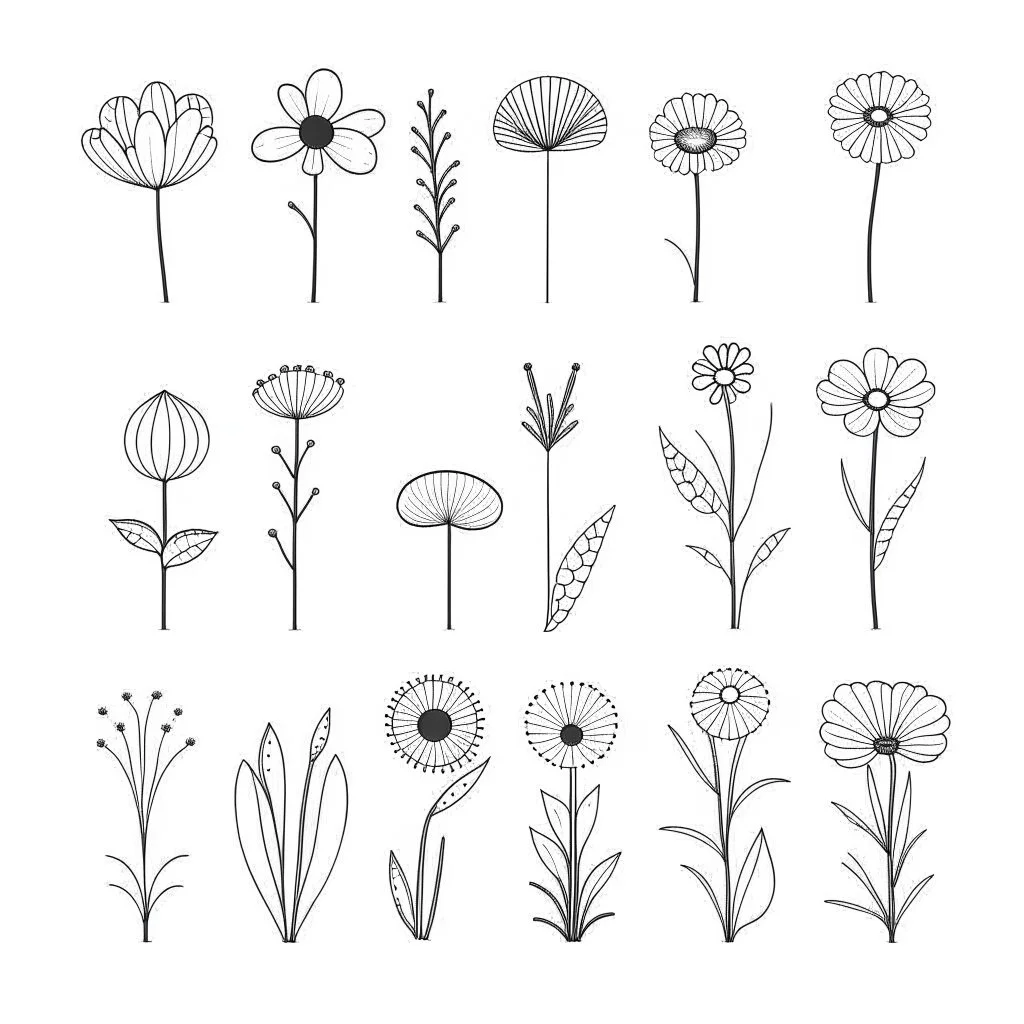 set of growing wind flower from tiny, SIMPLE ONE lineS art, white background, minimalis, different view, only white bakcground solid.