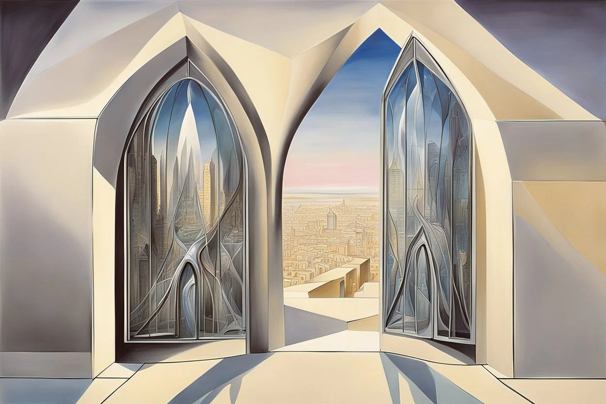 a surreal gothic_arab glass gate with a view of an old English city by artist "Zaha Hadid",by artist "Leonora Carrington"