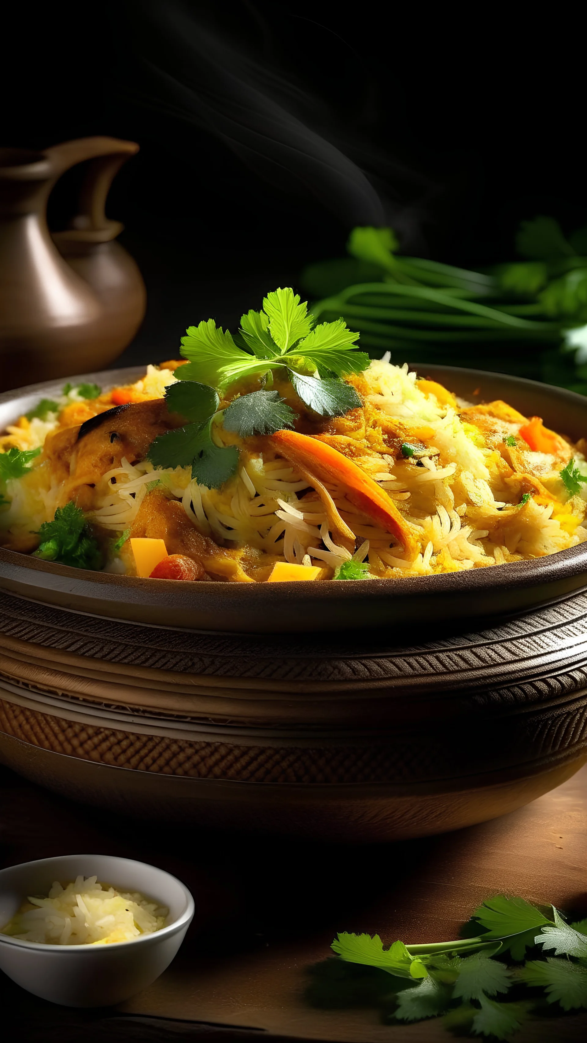 Create an image of a steaming bowl filled with chicken biryani, showcasing the rich blend of spices and herbs infused throughout the dish.