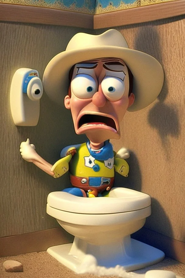 Woody from Toy Story pooping on a toilet