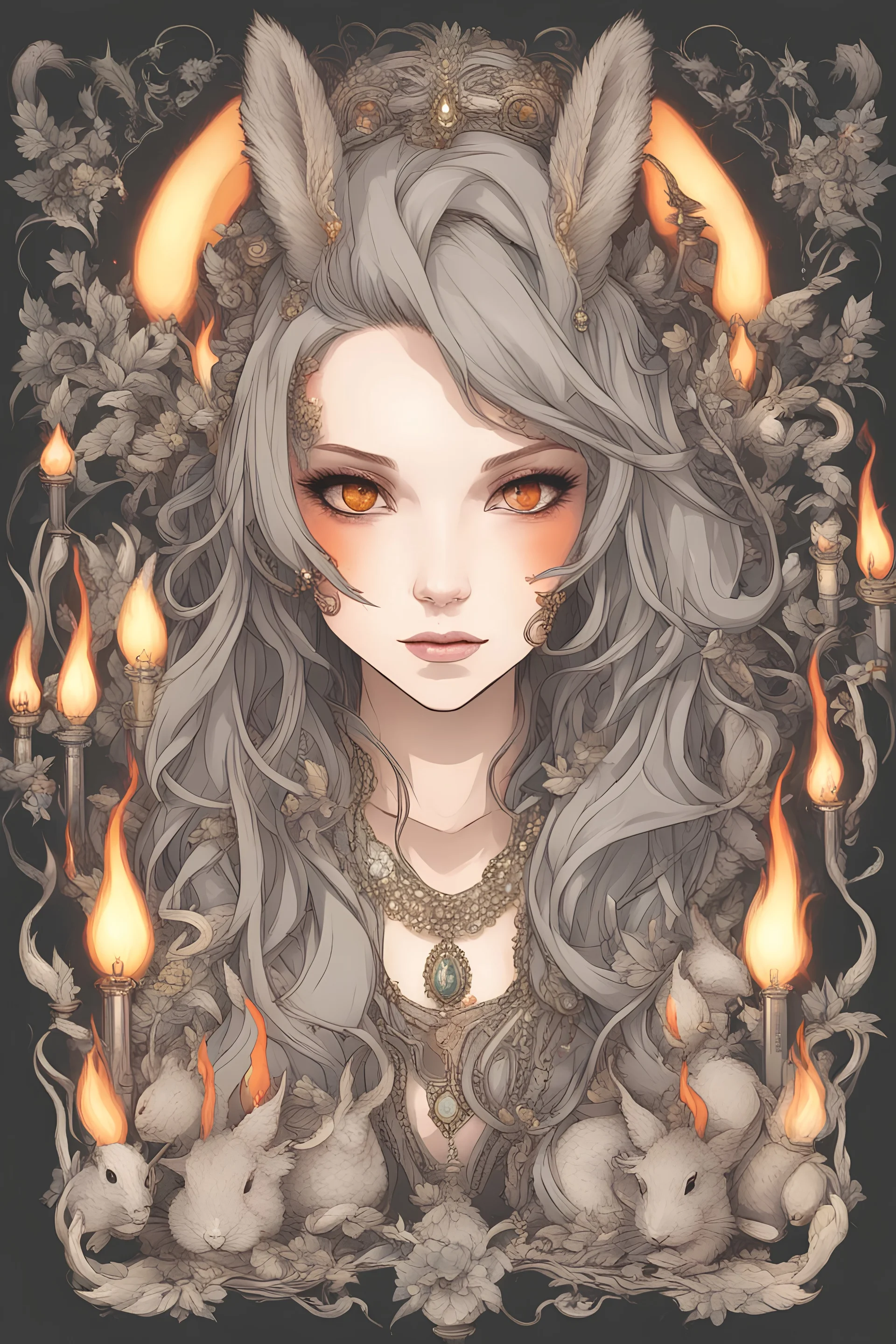 hot worrior woman of fire , with mixing a rabbit style accessories and fashion, belly,ornaments hair, flames ,candels