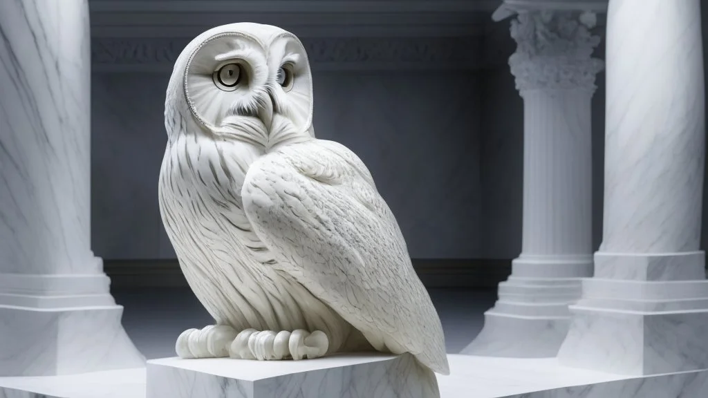 hyper realistic render of a gian owl carved out of white marble, sculpture is displayed inside of a big art exhibit