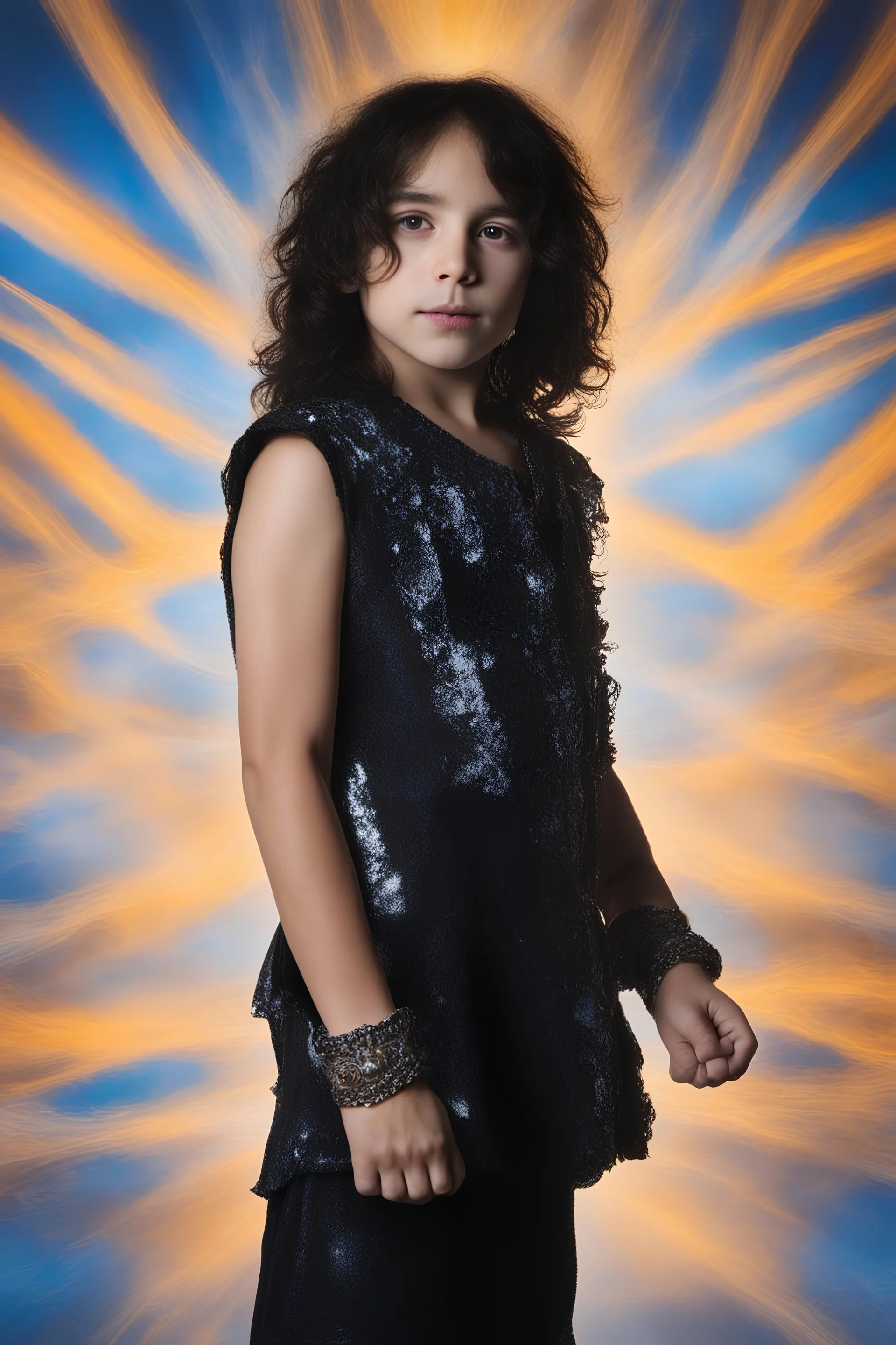 facial portrait - 10-year-old Paul Stanley is posing for his school picture - Sparkling, Sky blue Background, professional quality studio 8x10 UHD Digital photograph by Scott Kendall - multicolored spotlight, Photorealistic, realistic stock photo, Professional quality Photograph. colored Fog