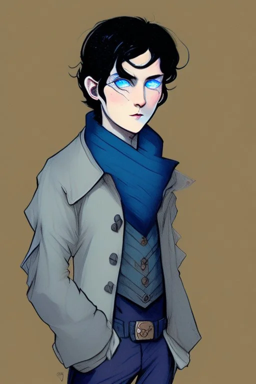 young black haired blue eyed wizard in the style of beresford egan