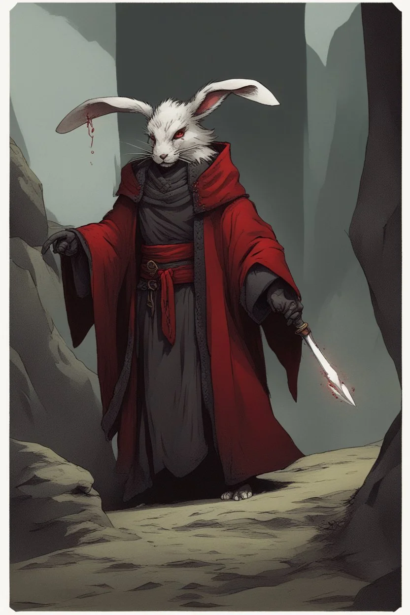 Male rabbitfolk with grey fur wearing blood red and black robes in a fantasy setting, sorcerer of death