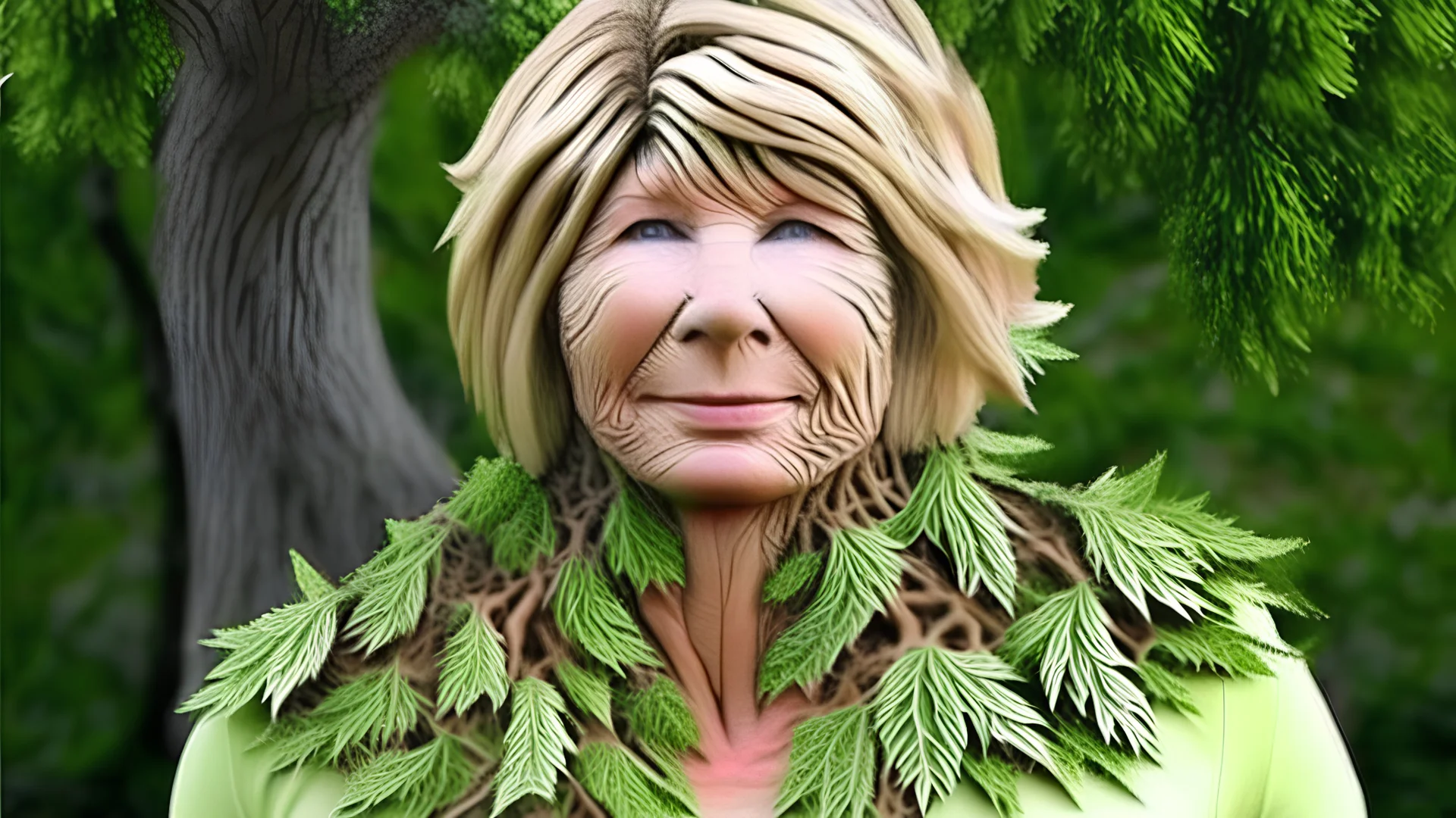 hybrid of human that looks like martha stewart as a tree