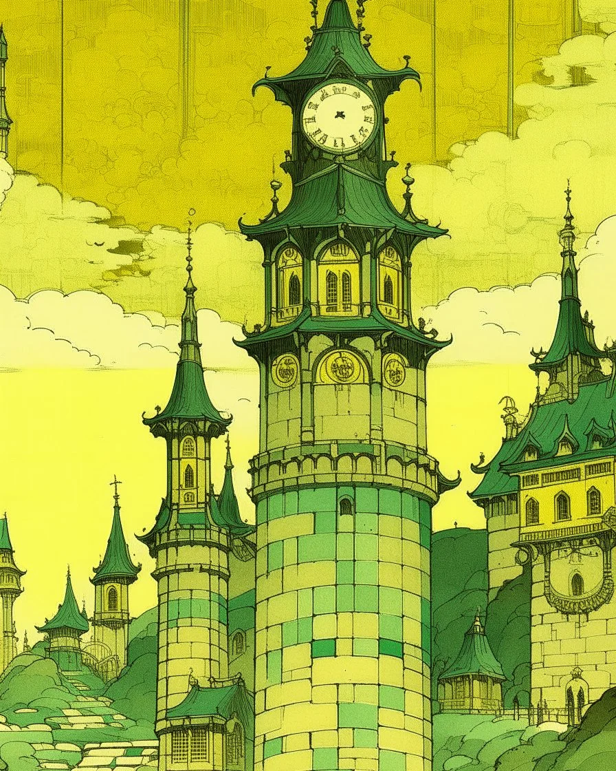 A pale greenish yellow glimmering castle with clocks and hourglasses painted by Utagawa Hiroshige