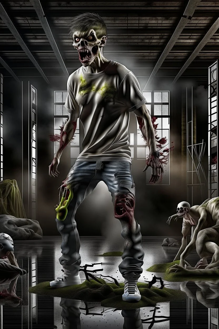 In a sleek, industrial studio setting, a photorealistic 12k ultra-high-definition rendering of a zombie model is captured in a mysterious pose. The zombie, adorned in a shirt made from elephant skin, pants are short ripped skinny pants, shoes are Crocs from elephant skin, thick soles with rollerblades,exudes a sinister aura under the studio's dark and mysterious lighting, creating an unsettling juxtaposition of the undead and the avant-garde."