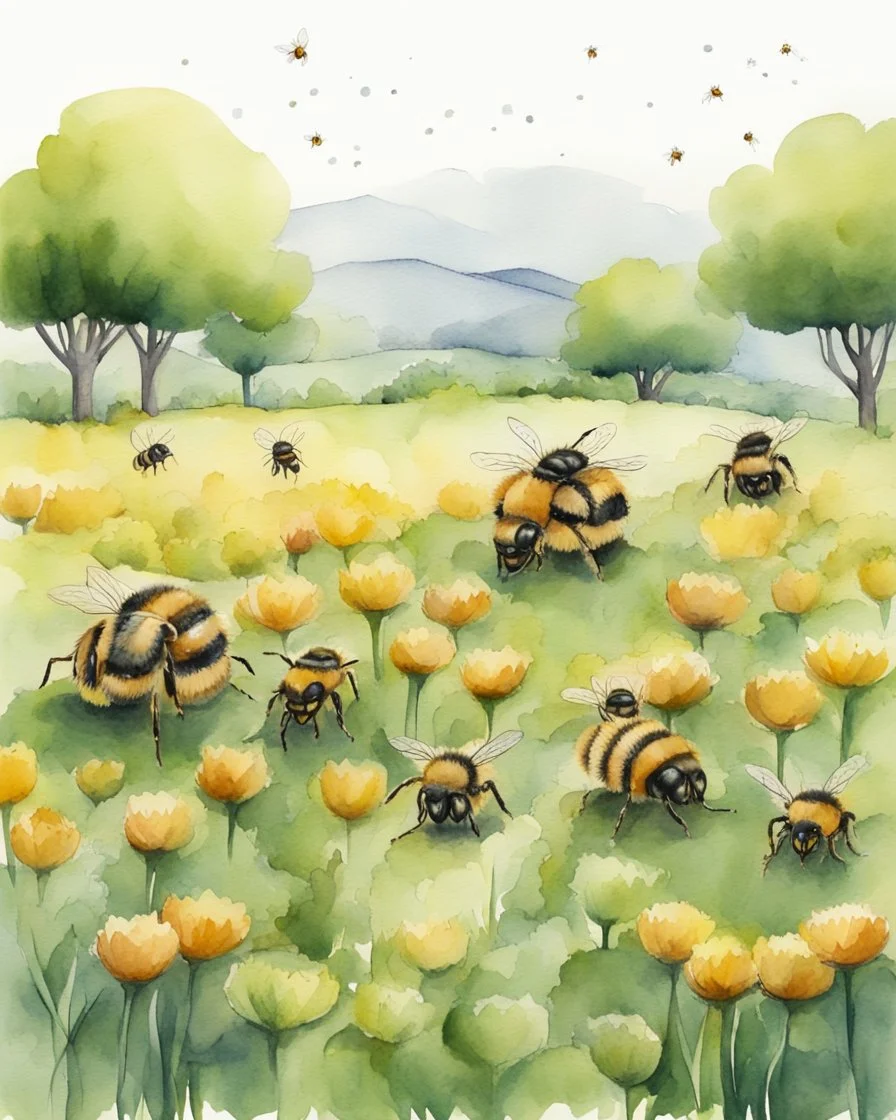 bees and hives on a green flower field, watercolor drawing