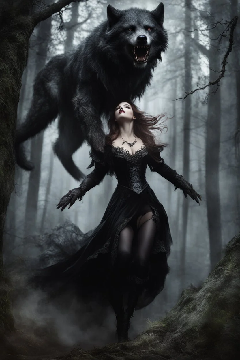 Photography Realistic Beautiful gothic woman falling in with werewolves