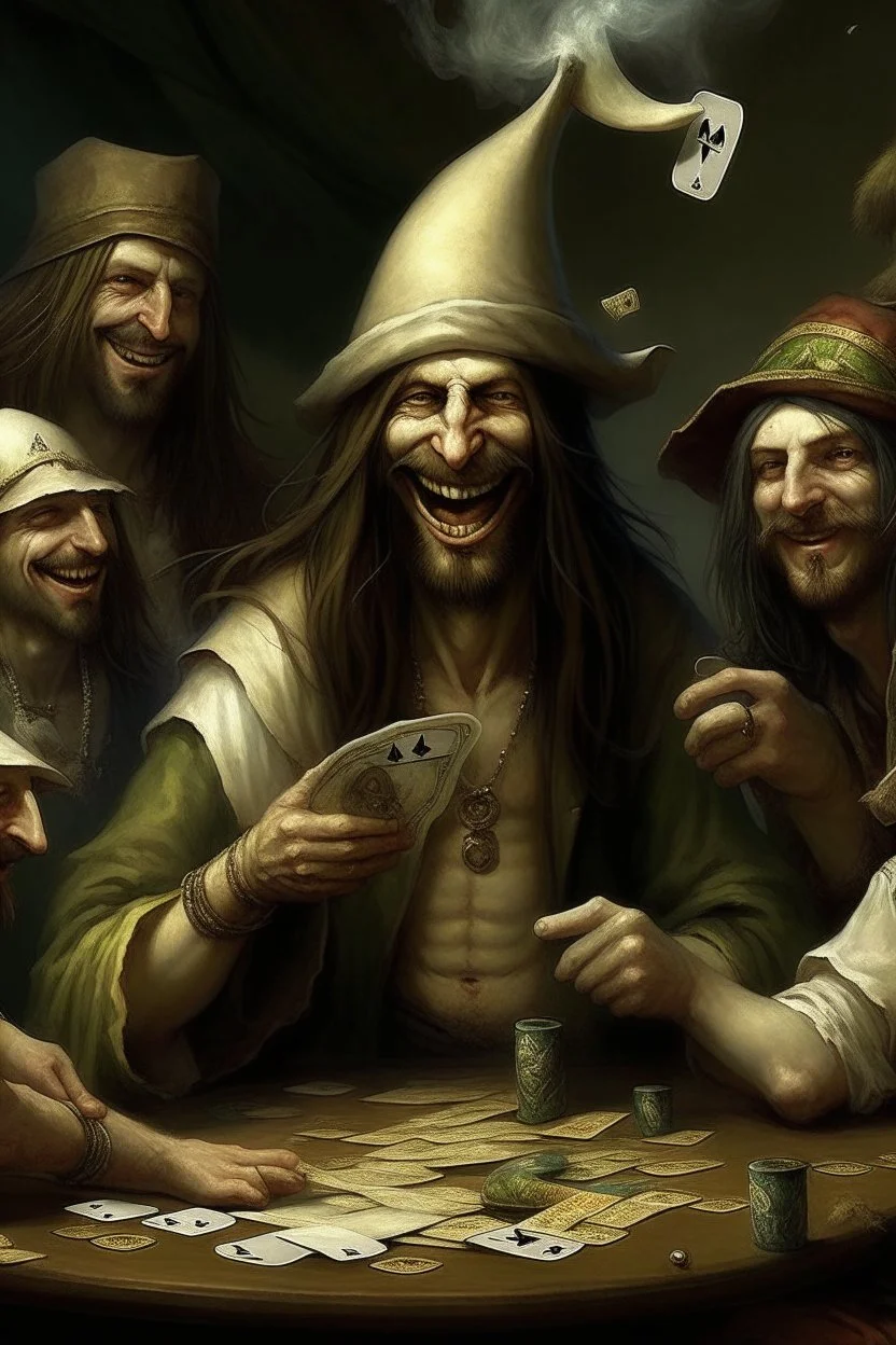 Jesus and some pirates friends smoking and playing cards, davinci. Surreal. Agony face, smile, scream.