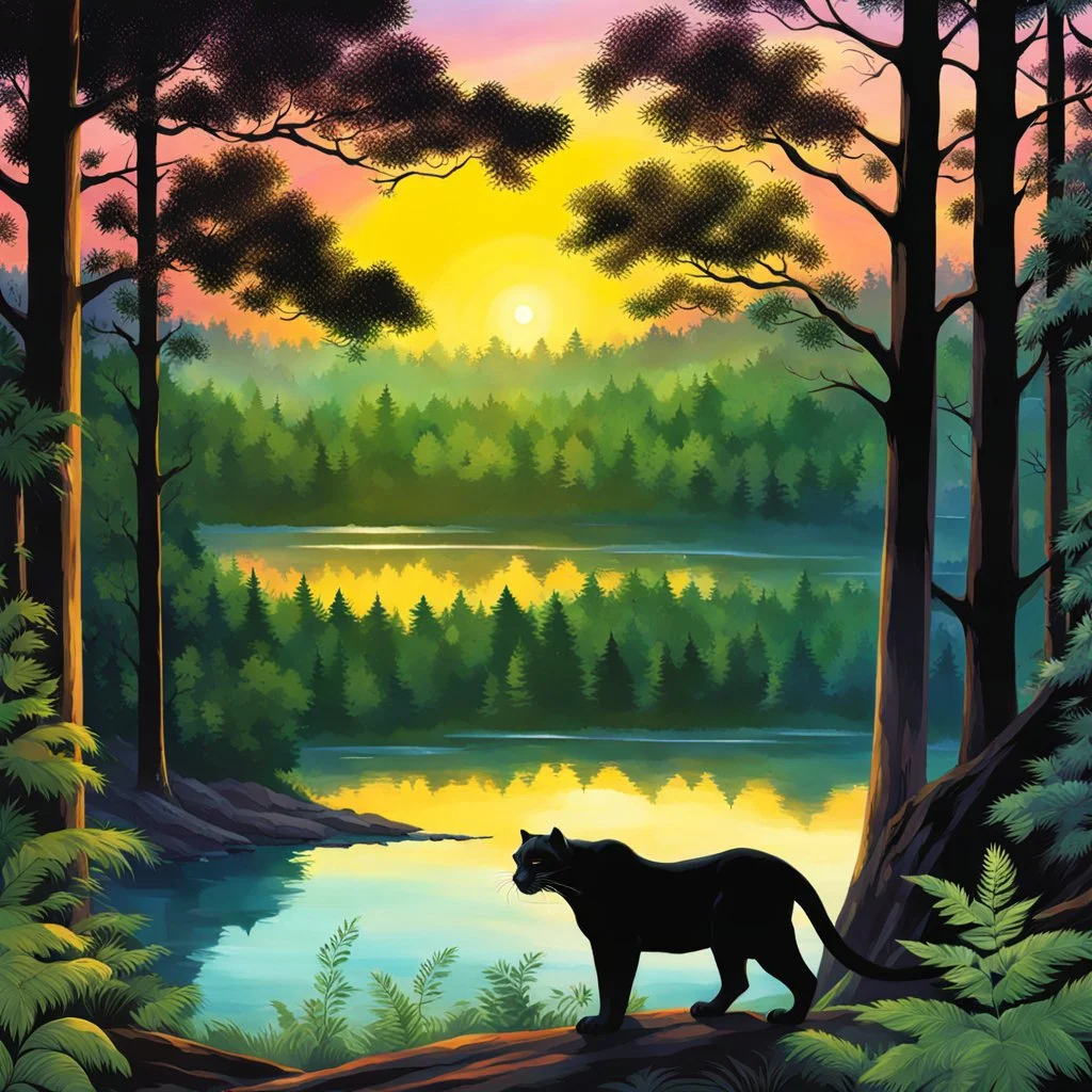 Bosque con lago y pantera negra, Pintura de tinta calidad ultra, 8k