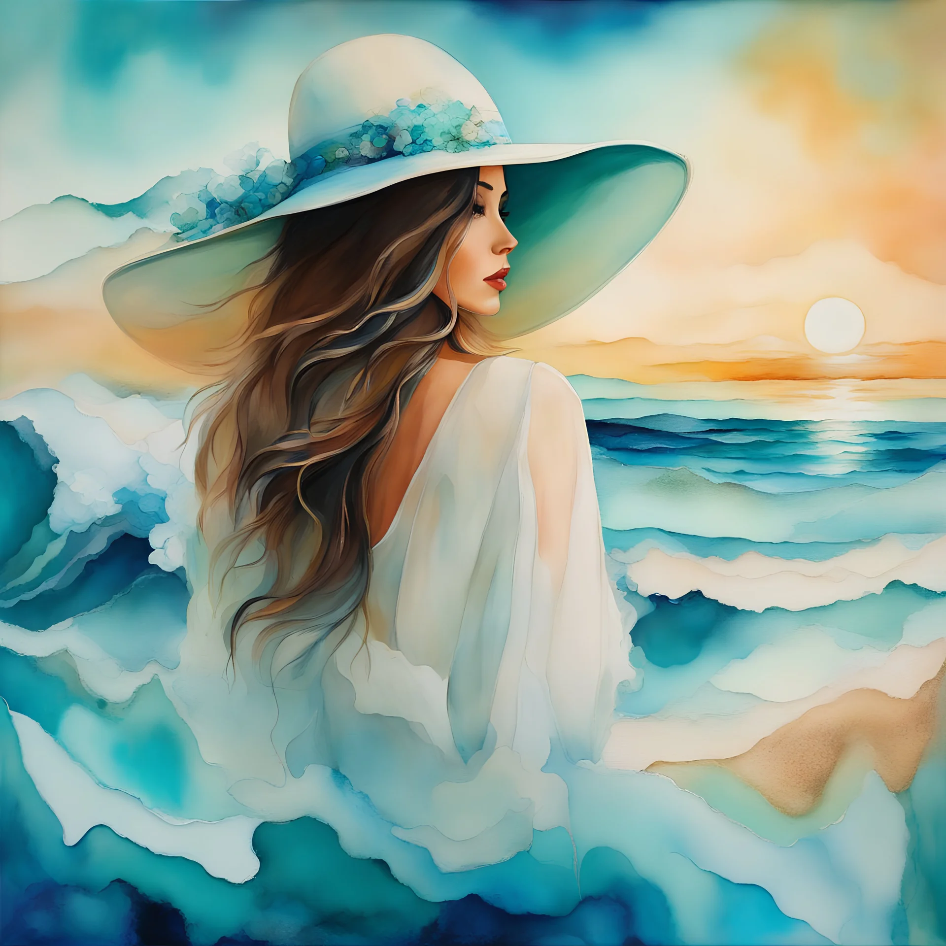 Alcohol ink art. Vibrant, fantasy, delicate, ethereal. Sailboat. Shades of blue, teal, aqua, turquoise, white. waves on shore. Sun. Woman, big hat. Background ink drip.