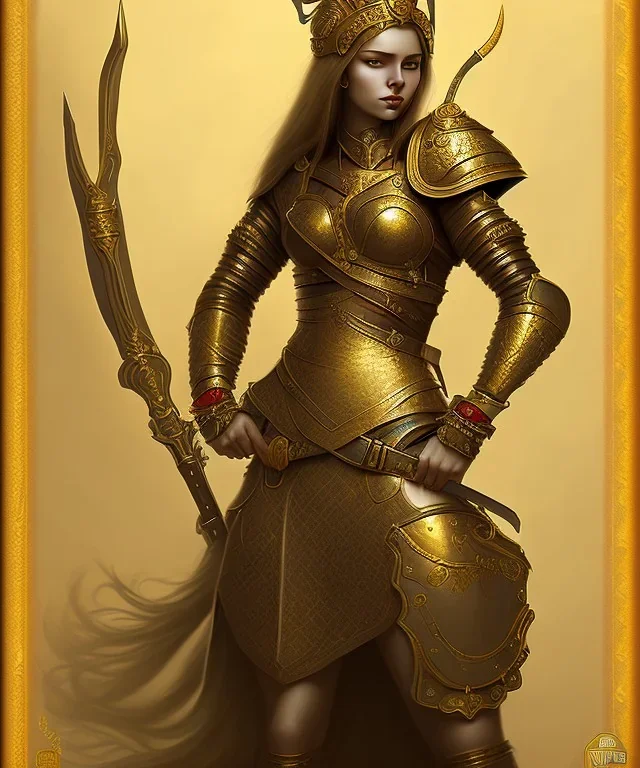 lady warrior with gold top and flower