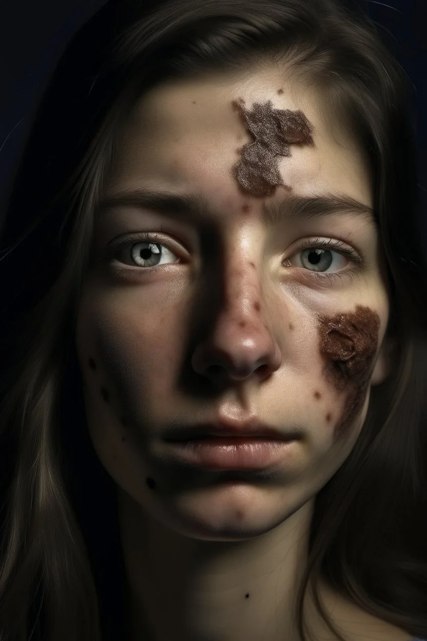 20 year old woman, sunken face, dramatic style, total figure, tumors and scar in half of her face