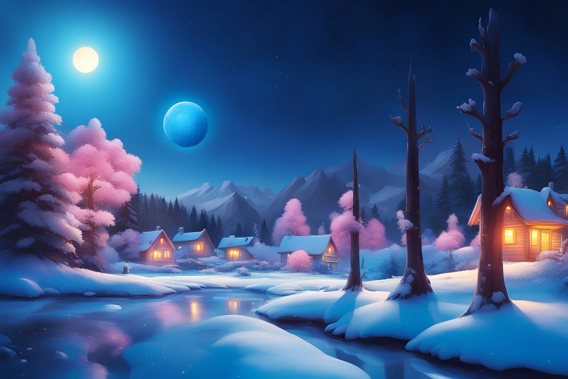 magnifique paysage de neige, au premier plan massifs de fleurs lumineuses roses et jaunes, étincelles de lumières, arbustes de fleurs délicates roses et , maisons réalistes de bois jaunes et bleues, lucioles , rivière turquoise, ambiance réaliste, 4K, ciel bleu avec une petite planète et des étoiles, étincelles de lumière, en premier plan un sapin bleu, , étincelles de lumières lucioles, ciel bleu avec étoiles scintillantes, une petite planète et galaxies