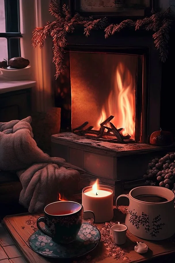 cozy vibes art tea and fireplace