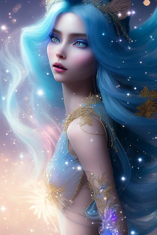 woman glitter blue fairy in a galactic ambiance, long blue hair, detailed gorgeous smile, delicate colors in the foreground, full of details, smooth, light effect，vaporwave colorful, smooth, extremely sharp detail, finely tuned detail, ultra high definition, 8 k, unreal engine 5, ultra sharp