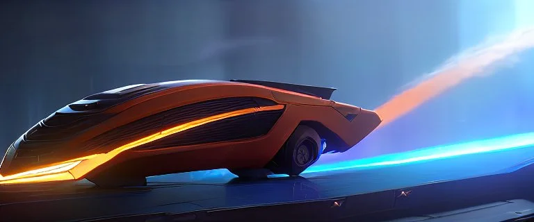 award winning car and driver photograph of a futuristic station wagon designed by only one vehicle per image painted metallic orange traveling at a high rate of speed, jet intake off of front center of vehicle and jet exhaust out the rear with bright blue flame, bilaterally symetrical, more a high speed road vehicle