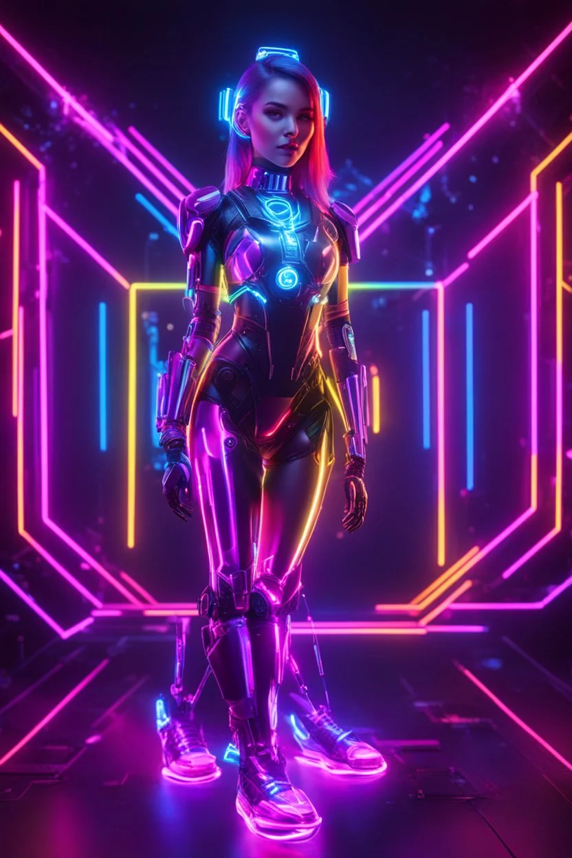 dj girl with fullbody robotic colorsfull glowing neon,light shining neons colorfull background