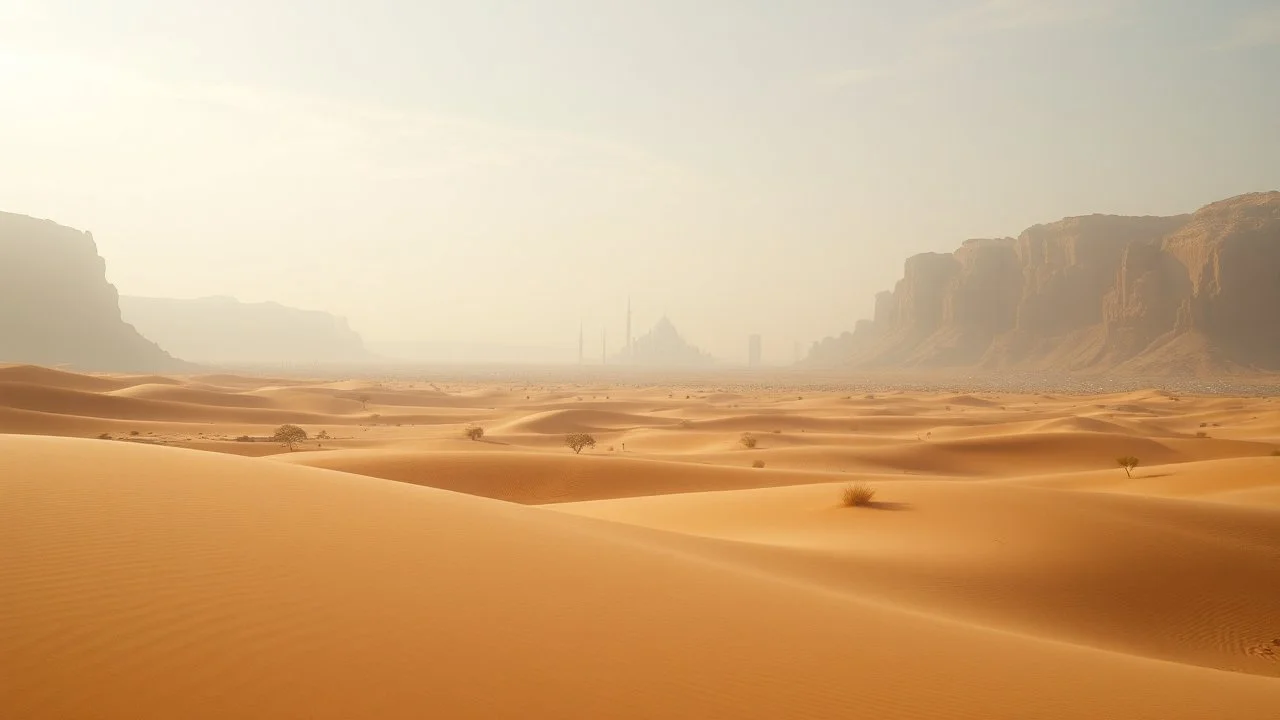 A surreal desert scene, with tachisme techniques used to depict a mirage of a city in the distance, blending seamlessly with the natural surroundings.