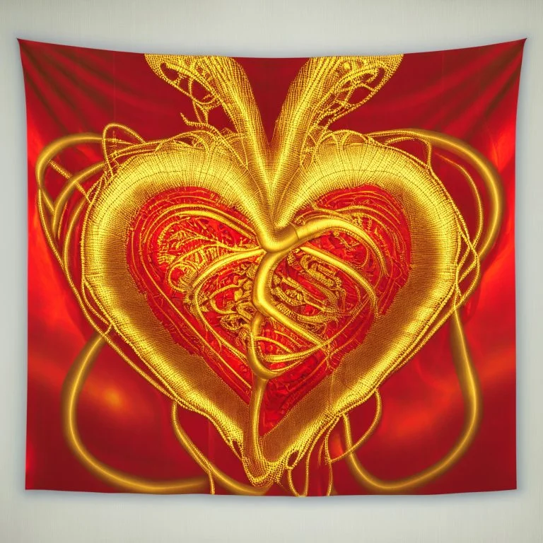 electric heart in red and golden tapestry