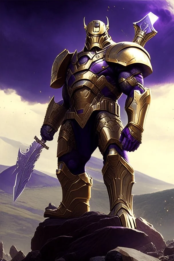 Thanos, the commander of the army of aliens and the king of the entire galaxy, is ready to go on a campaign with his two large swords, his very beautiful and impenetrable armor with his golden helmet, standing on top of a hill with his sword with infinity gauntlet