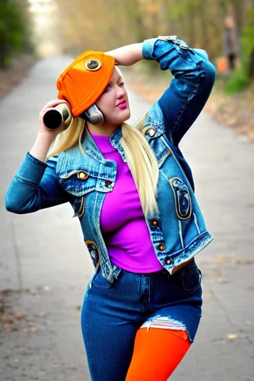 blonde taking selfie.thick thighs,thick calves,flat belly,curvy fell. New kind of bolero is sewed of upcycled Denim, which condescend. It is sewed together of camouflage pieces, whose color are all denim colors, orange, cream and purple. Big colored headphones (gold rings!) is merged with small felt cap with small visor. It is with big bright purple felt tippet and birght-colored-hood is merged with colorful beanie. Style: Haute Couture, 1980's Finland, N.Y.C fashion in 2023