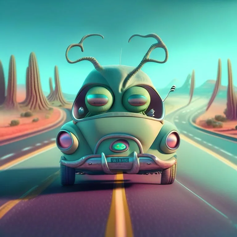 a cartoon alien driving a car down a road, a character portrait by Mike Winkelmann, featured on cgsociety, pop surrealism, rendered in cinema4d, daz3d, behance hd