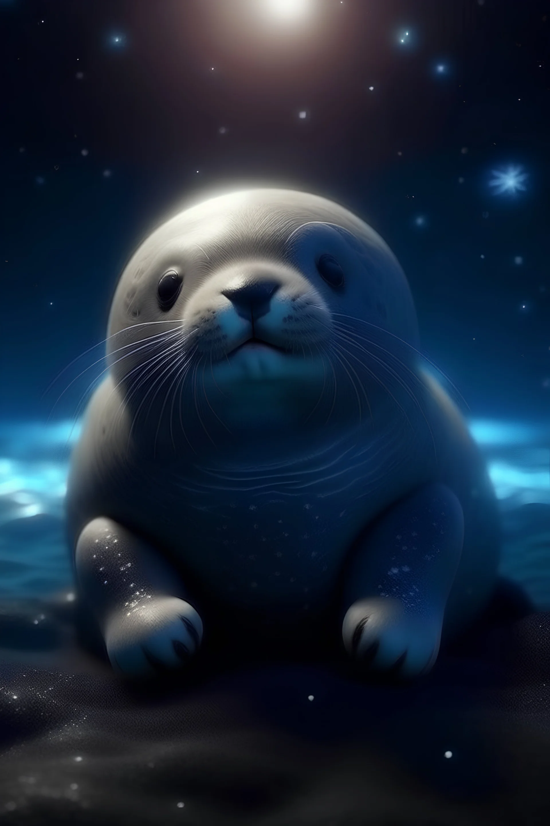 seal, ocean, baby, fat HD, 4k, nice, night, moon, stars