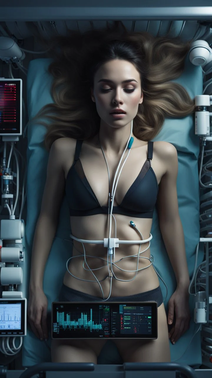 photorealistic hyperdetailed young woman lying on a hospital bed with a heart monitor and tubes attached