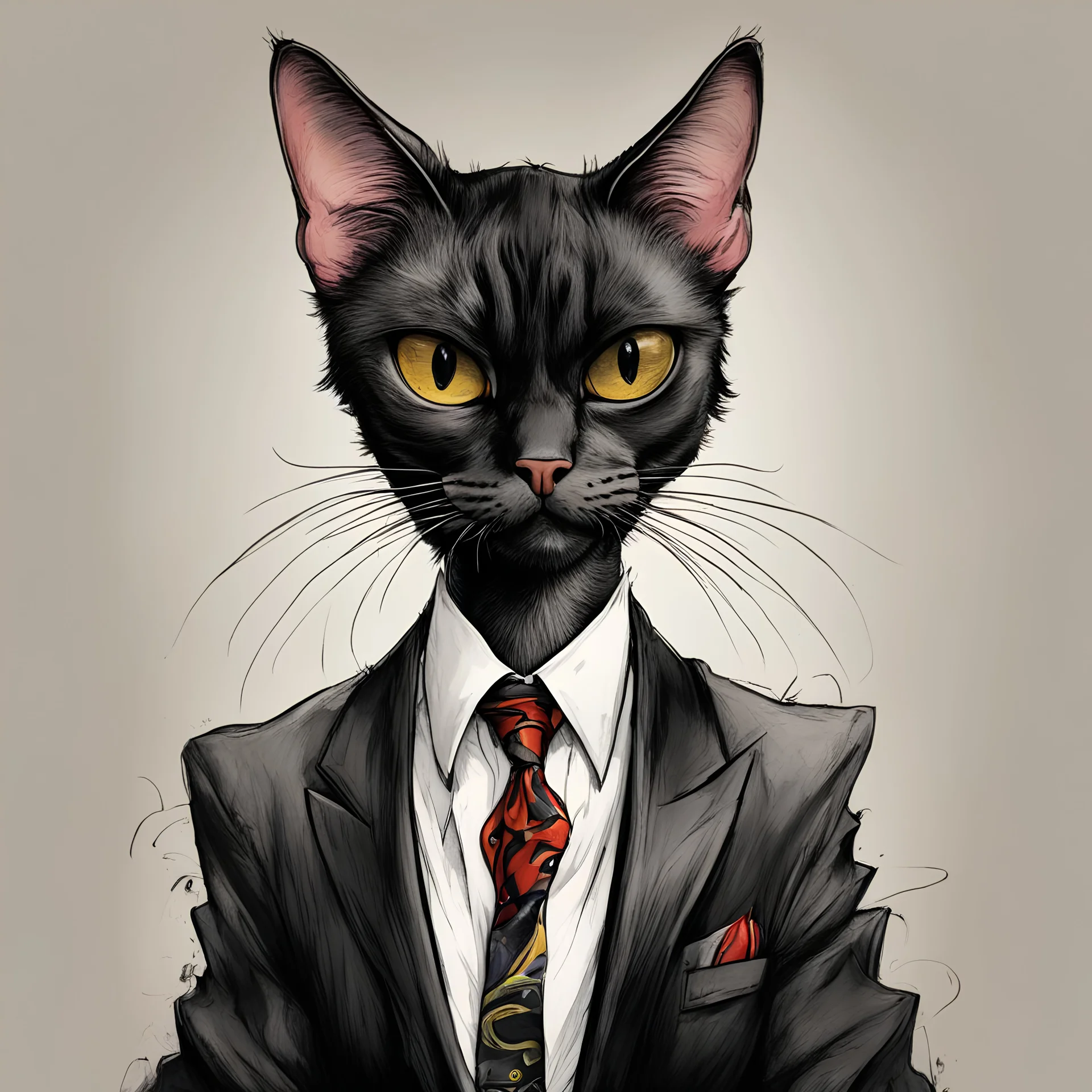 create a full body caricature of an aged, malevolent, ornately dressed , sorceress Bombay cat, highly detailed with refined feline features in the cartoon caricature style of Gerald Scarfe and Ralph Steadman precisely drawn, boldly inked, vividly colored, 4k