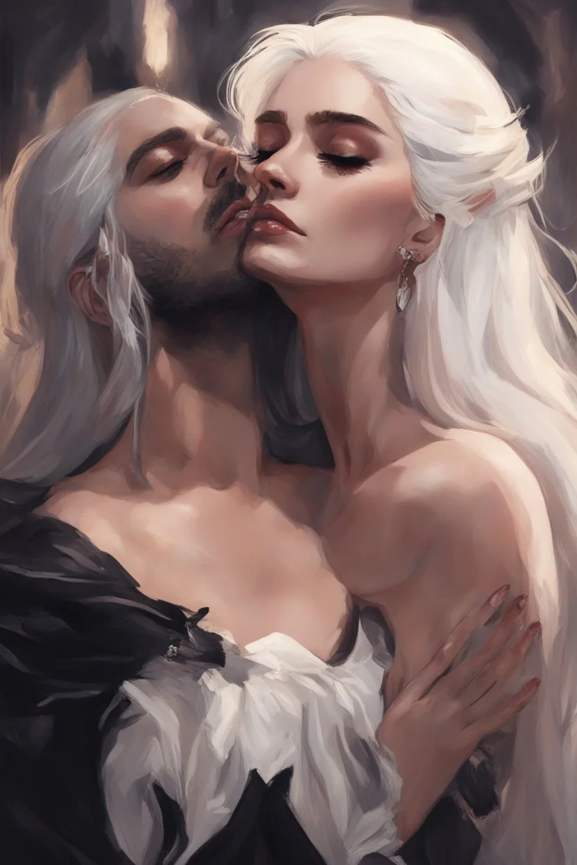 Strahd Von Zarovich being kissed by a beautiful woman with white hair, wearing an off the shoulder dress. Settling and background are a lavish toomb with an ebony coffin.