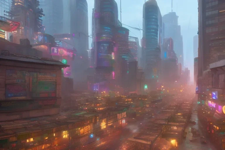 cyberpunk market,street view, misty, hyper-realistic, hyperdetailed, high-octane render, wide shot